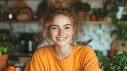 Fototapeta premium Cheerful young woman in a kitchen surrounded by fresh herbs