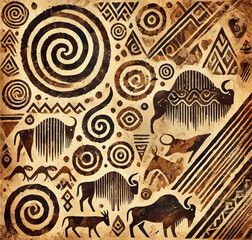 Mysterious symbolism, animals in the old style. Pattern in the style of cave drawings, primitive art