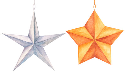 Set of hand-painted watercolor illustrations of Christmas tree decorations in the form of stars. Traditional Christmas tree decorations painted in watercolor by hand.