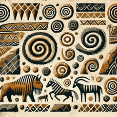 Cave drawings, animals in the old style. Pattern in the style of cave drawings, primitive art