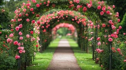 A Pathway Lined with Blooming Pink Roses, Creating a Romantic Archway