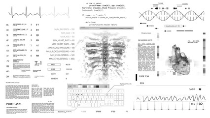 Heart rate monitor. Medical HUD monitoring. MRI x ray CT Scan.Futuristic Technological Interface. Sceleton,white background