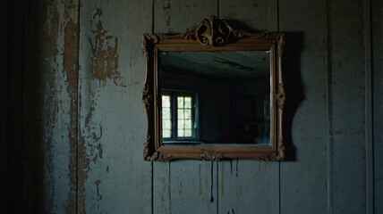 creepy setting antique mirror hanging on the wall