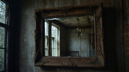 creepy setting antique mirror hanging on the wall