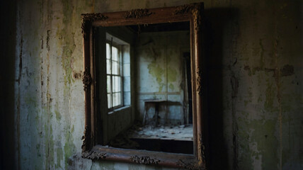 creepy setting antique mirror hanging on the wall