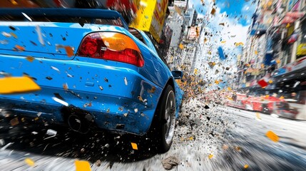 High-Speed Sports Car Race with Floating Rubbles Background - Gen Ai, Illustration