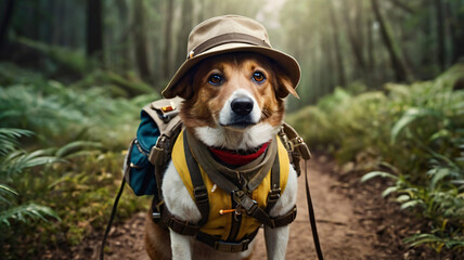 dog dressed as an explorer on a trail