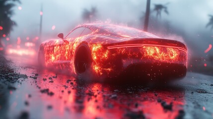High-Speed Sports Car Race with Floating Rubbles Background - Gen Ai, Illustration