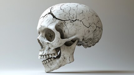 A cracked human skull rendered in 3D, showing both fragility and resilience.