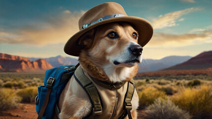 dog dressed as an explorer on a trail