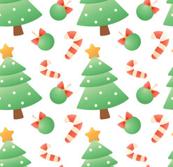 Festive seamless pattern with the image of a Christmas tree and Christmas decorations. Ideal for Christmas wrapping paper, holiday background, textile or seasonal decoration.