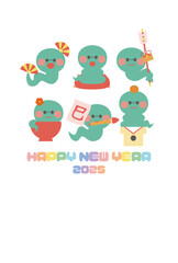 年賀状素材巳年の可愛いへびのキャラクター年賀はがきテンプレート