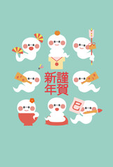 年賀状素材巳年の可愛いへびのキャラクター年賀はがきテンプレート白蛇緑