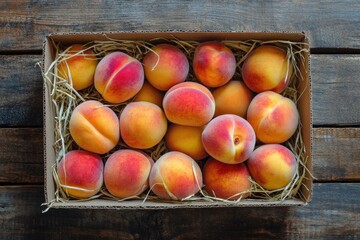 A box of peaches on a wooden background, top view.