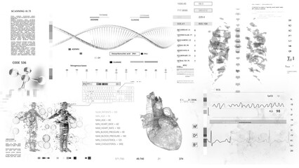 DNA Medical HUD monitoring. MRI x ray CT Scan.Futuristic Technological Interface. Sceleton,white background
