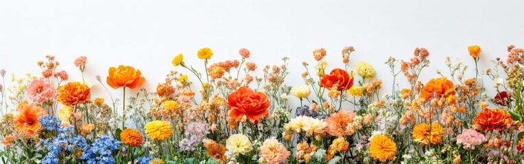 Bright flowy dahlia flowers in fire colors with plenty of negative space