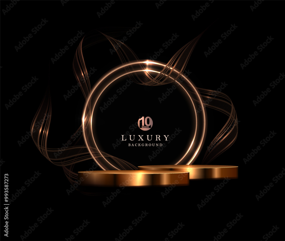 Canvas Prints composition with isolated round golden frame with podium, shiny ribbons on black background.