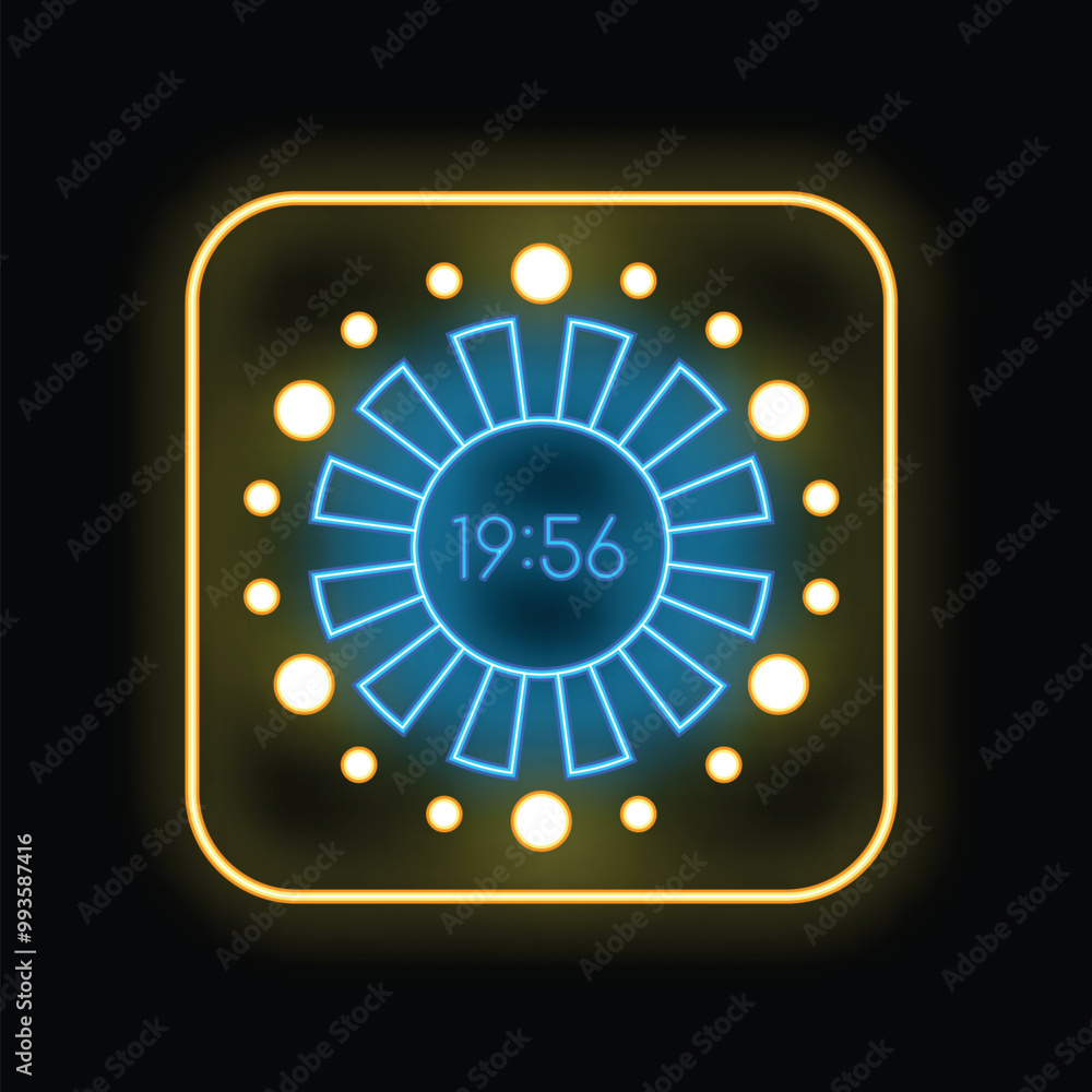 Poster neon clock showing nineteen fifty six time on dark background
