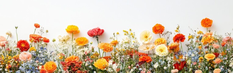 Bright flowy dahlia flowers in fire colors with plenty of negative space