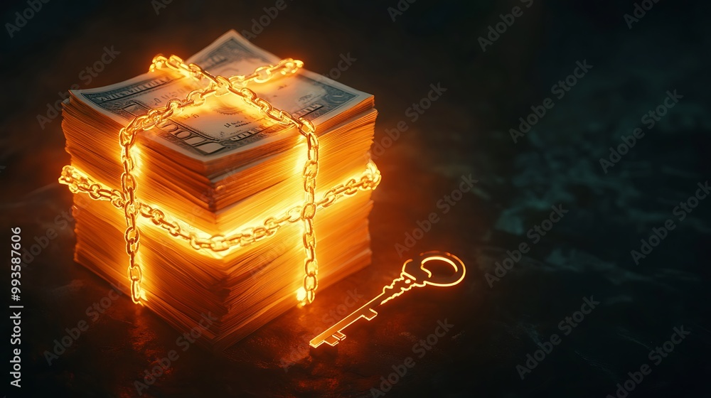 Poster a stack of dollar bills bound by a golden chain with a key.