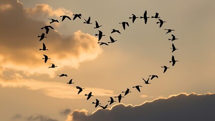 A romantic beach scene with birds flying in the sky and resting on the shore, surrounded by heart-shaped clouds and a summer vibe, symbolizing love and nature
