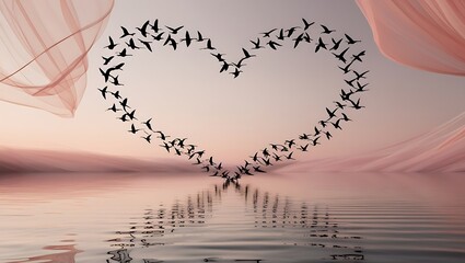 A romantic beach scene with birds flying in the sky and resting on the shore, surrounded by heart-shaped clouds and a summer vibe, symbolizing love and nature