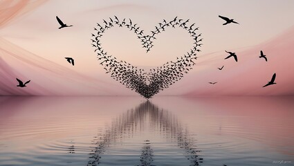 A romantic beach scene with birds flying in the sky and resting on the shore, surrounded by heart-shaped clouds and a summer vibe, symbolizing love and nature