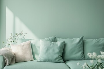 Stylish modern living room featuring pastel mint green cushions and a soft-textured plant, perfect for calm and relaxing interiors.