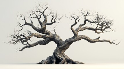 Bare, haunting tree branches isolated against a white background, stark and skeletal.