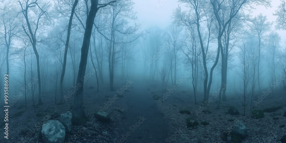 Poster a foggy forest with trees and rocks. the trees are tall and the sky is cloudy. scene is mysterious a