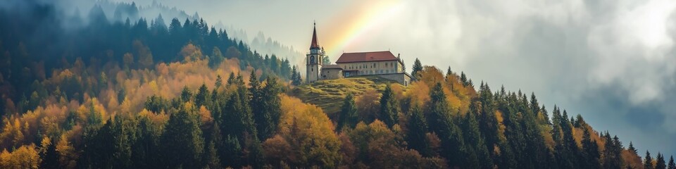 Fototapeta premium A beautiful mountain landscape with a red and white building in the distance. The sky is cloudy and the sun is shining through the clouds