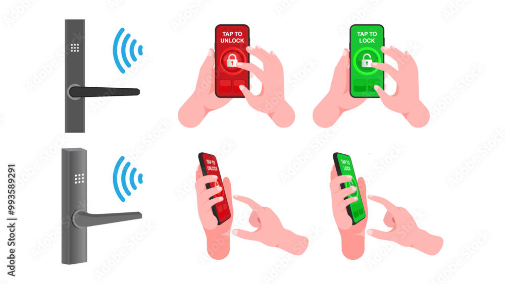 Poster hand holding smartphone to lock and unlock smart door locks: keyless entry and exit with mobile cred