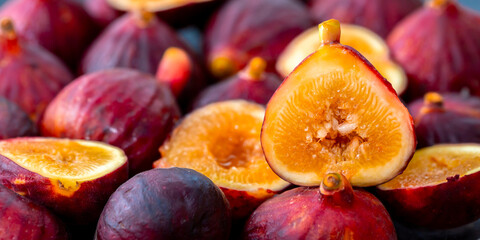 Figs close-up. Heap of figs, whole fruits and cut in half. Sweet exotic fruit for dessert, healthy food.
