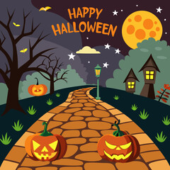 Happy Halloween Night: Cobblestone path leading to spooky houses under a full moon. Halloween pumpkins illuminate the way. Perfect for autumn and Halloween greeting cards, invitations.