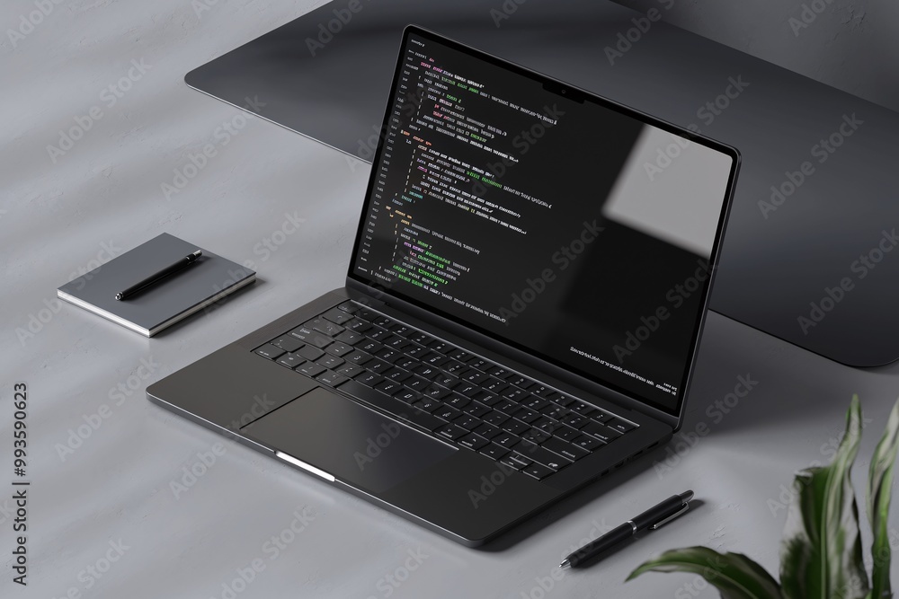Poster dark grey laptop coding minimalist setup