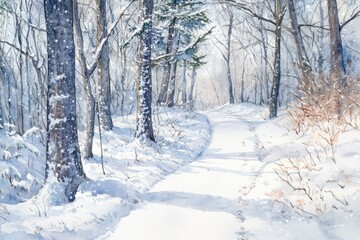A serene winter pathway surrounded by snow-covered trees, inviting exploration in a tranquil, snowy landscape.