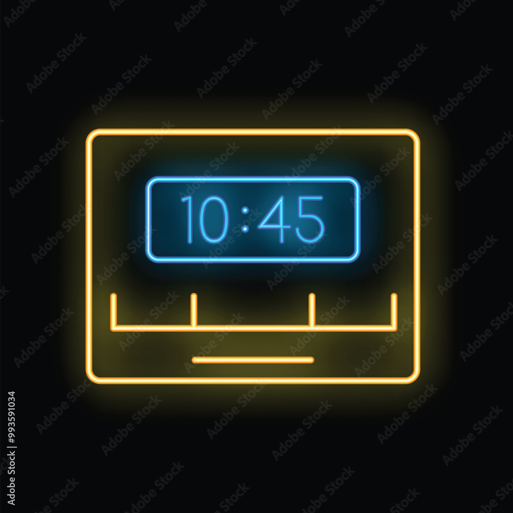 Poster glowing neon icon of a weight scale displaying the time, symbolizing progress in weight loss journey