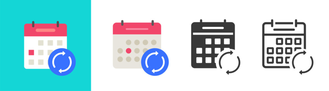 Calendar date update icon, agenda schedule sync symbol pictogram vector flat cartoon graphic, ui refresh change meeting event sign line outline stroke set, reschedule deadline time image clip art
