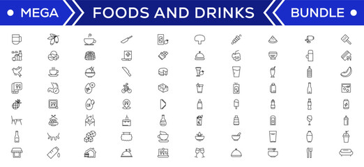 Food and drink icon collection set. Thin outline icons. Meat, milk, noodle, soup, bread, egg, cake, sweets, fruits, vegetables, drinks, nutrition, pizza, fish, sauce, cheese icon