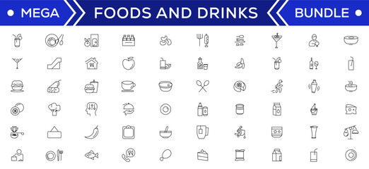 Food and drink icon collection set. Thin outline icons. Meat, milk, noodle, soup, bread, egg, cake, sweets, fruits, vegetables, drinks, nutrition, pizza, fish, sauce, cheese icon