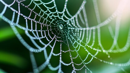 Close-up macro shot of a delicate spider web adorned with glistening dew droplets, emphasizing the intricate hub at the center, showcasing nature’s artistry and beauty in detail