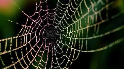 Close-up macro shot of a delicate spider web adorned with glistening dew droplets, emphasizing the intricate hub at the center, showcasing nature’s artistry and beauty in detail
