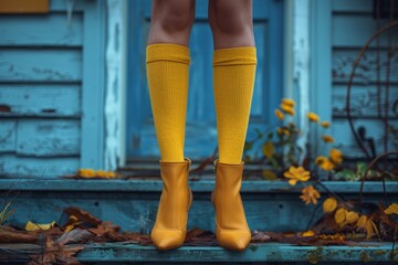 Whimsical outdoor close up of women s legs in chic beige pumps and quirky yellow knee socks