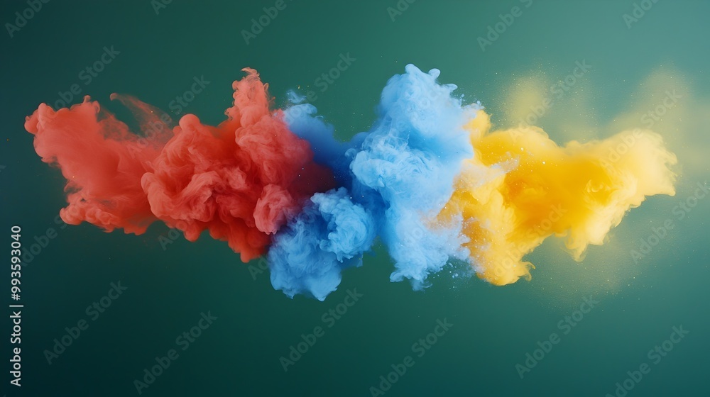 Poster vibrant abstract - bold primary colors burst against dark green background capturing dynamic impact 