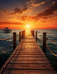 Obraz premium A tranquil scene of a wooden pier extending into calm ocean waters during a beautiful sunset. The glowing sky reflects in the peaceful sea, creating a moment of serenity and quietude.. AI Generation