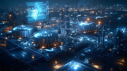 Fototapeta premium Bird's-eye view of a massive stainless steel tank farm in an industrial area, illuminated by neon blue and white lights, with intricate holographic data projections floating above