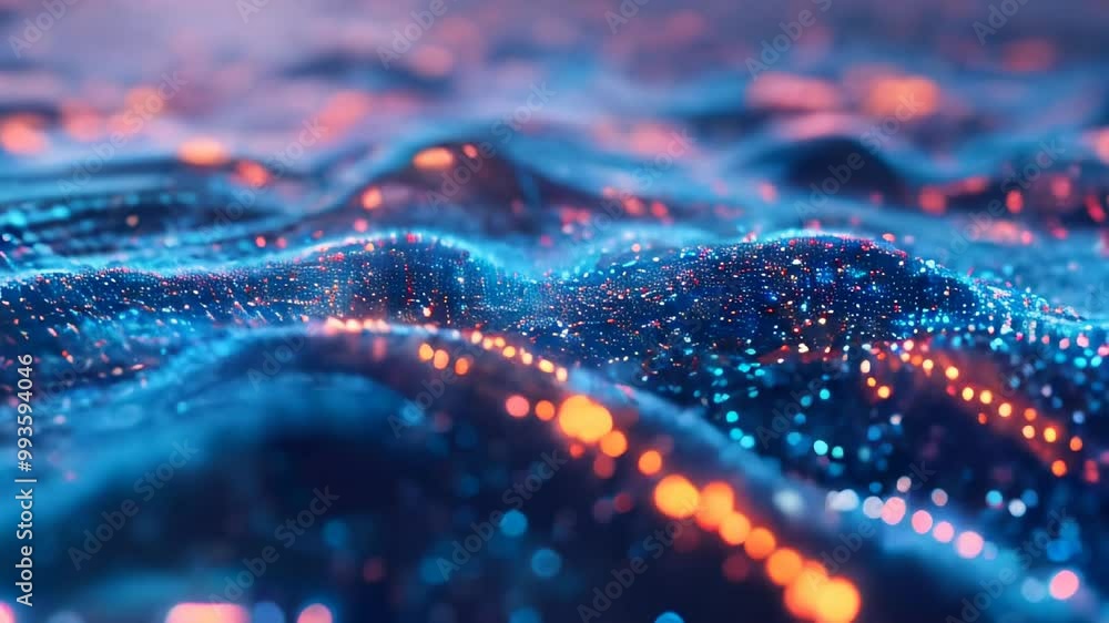 Poster futuristic digital blue waves with glowing particles representing data flow or network communication