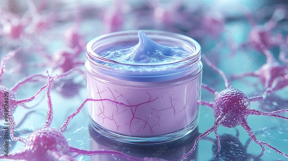Poster a jar of moisturizer sits on a surface with a background of cells.