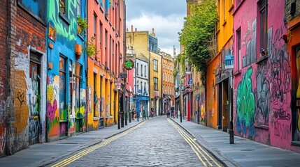 Fototapeta premium Vibrant street art adorns colorful buildings in a lively urban alleyway.