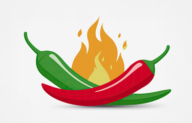 Chili red and green pepper at burning fire spicy hot cooking ingredient vector flat illustration